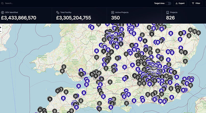 Portfolio view within the N3 platform showing development projects across parts of the UK.